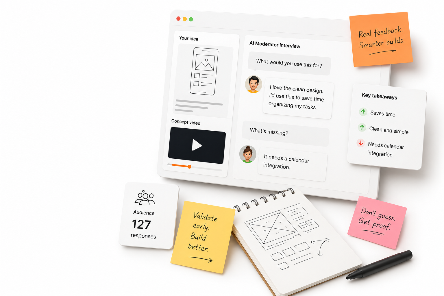 AI moderator interviewing an audience about a product idea, with key takeaways and sentiment notes